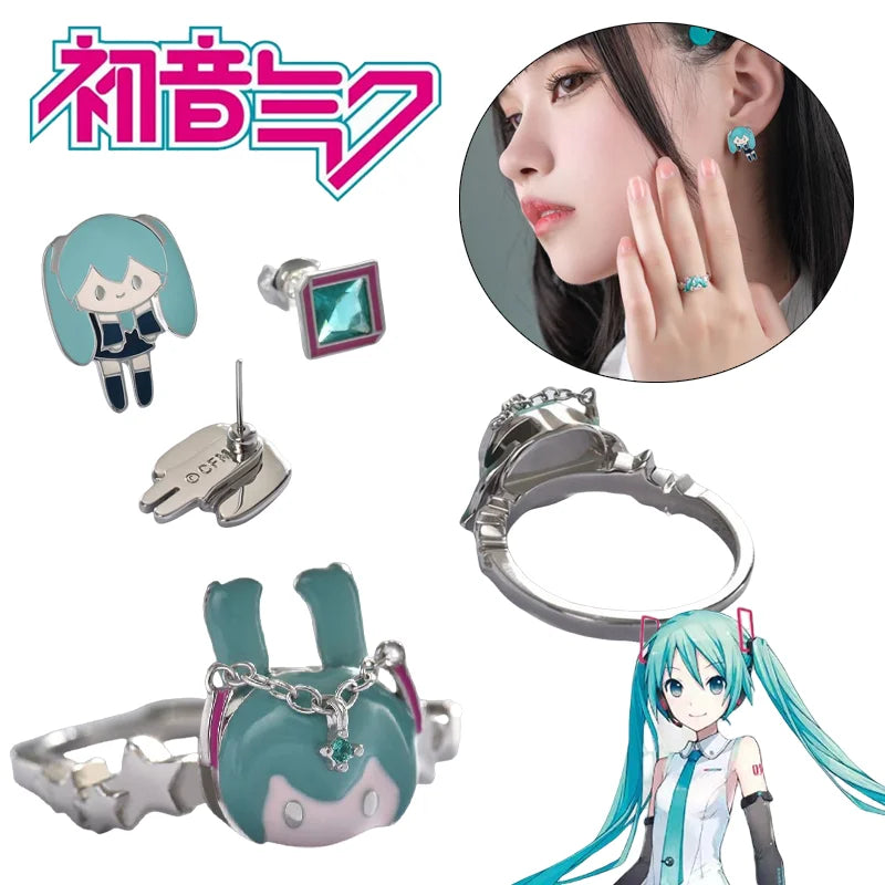 Hatsune Miku Jewelry Set – Adjustable Ring & Earrings
